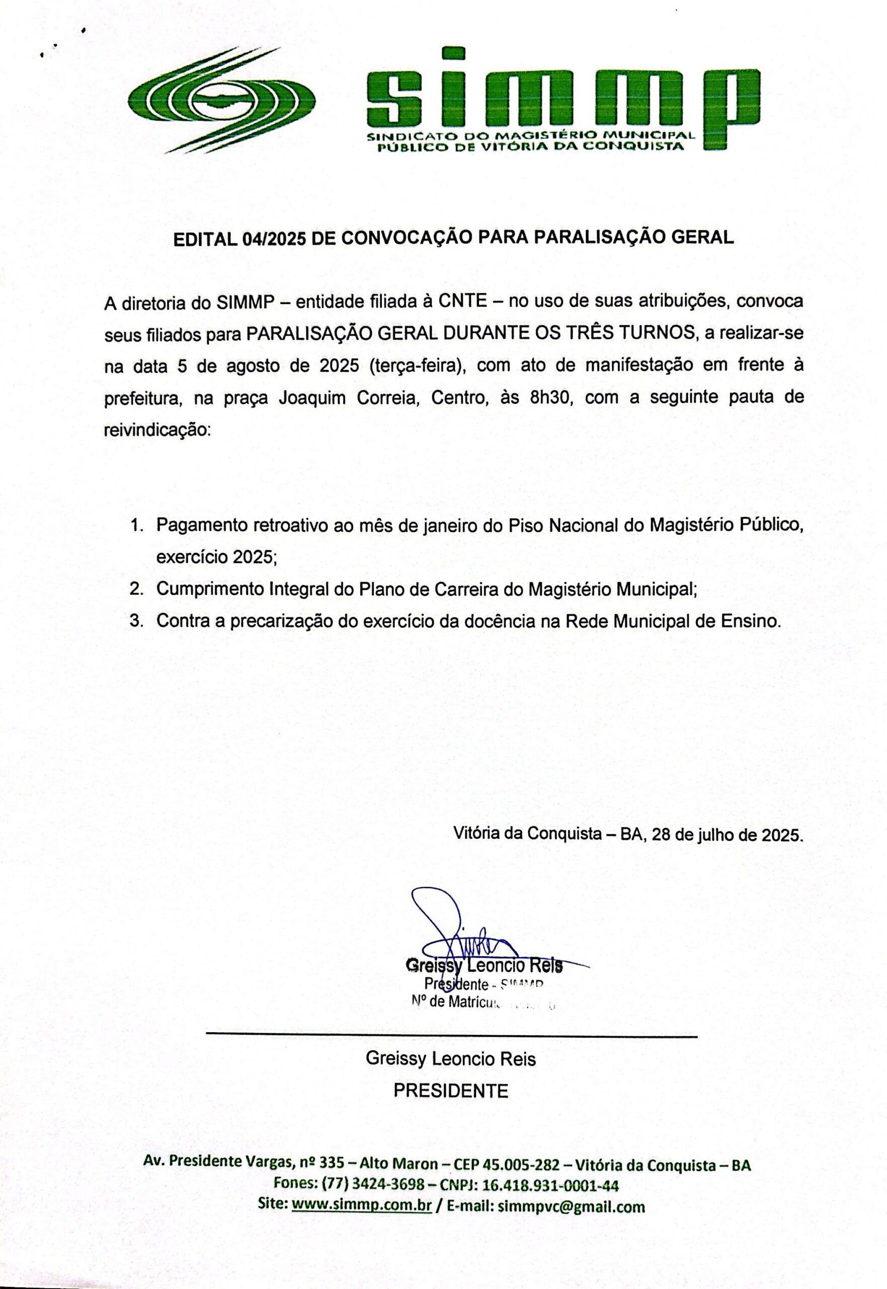 EDITAL 04/2025 DE CONVOCAÇÃO PARA PARALISAÇÃO GERAL