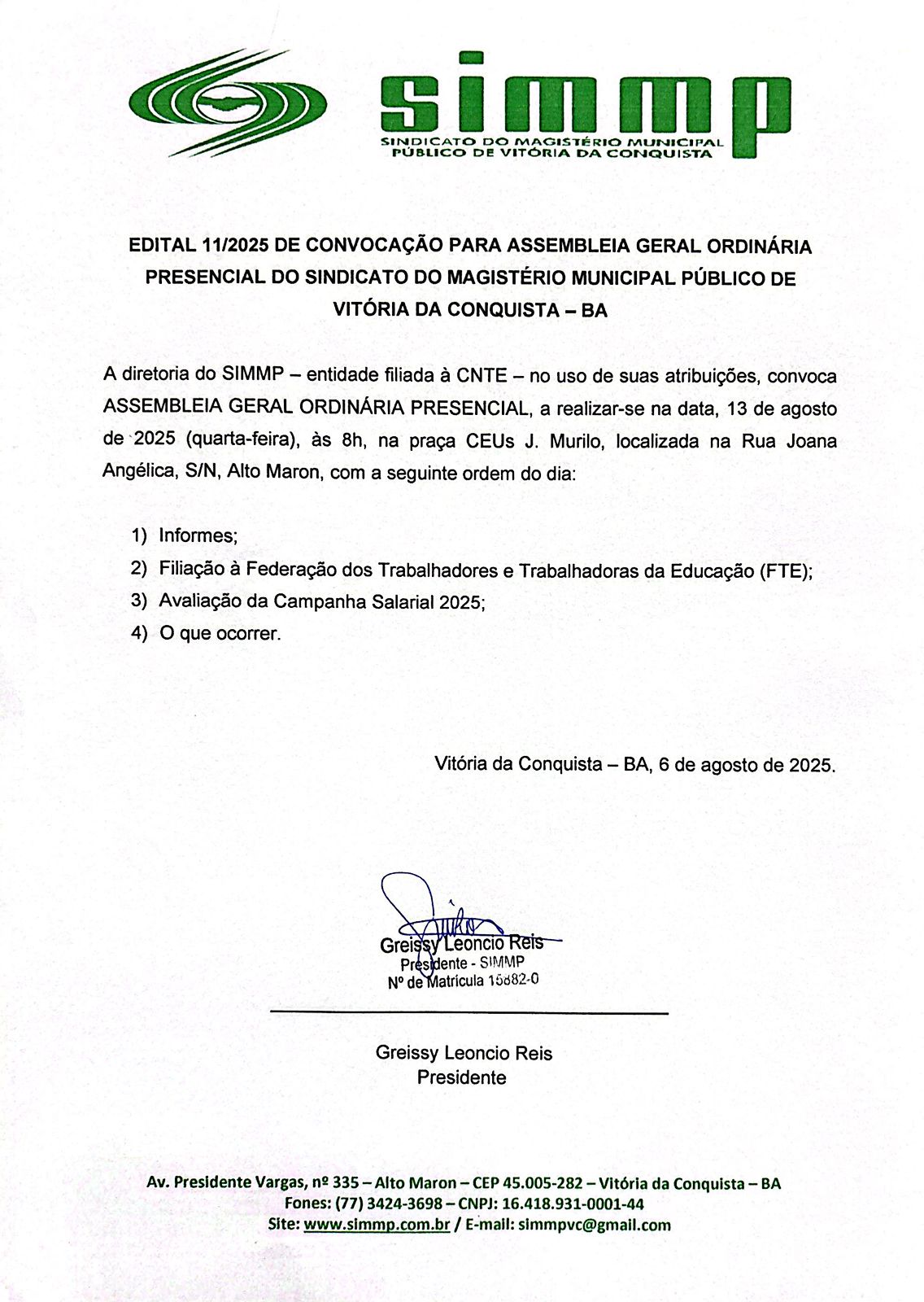 EDITAL 11/2025 DE CONVOCAÇÃO PARA ASSEMBLEIA GERAL ORDINÁRIA PRESENCIAL DO SINDICATO DO MAGISTÉRIO MUNICIPAL PÚBLICO DE VITÓRIA DA CONQUISTA – BA