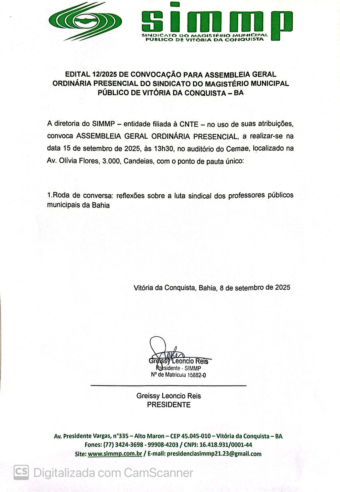 EDITAL 12/2025 DE CONVOCAÇÃO PARA ASSEMBLEIA GERAL ORDINÁRIA PRESENCIAL DO SINDICATO DO MAGISTÉRIO MUNICIPAL PÚBLICO DE VITÓRIA DA CONQUISTA – BA