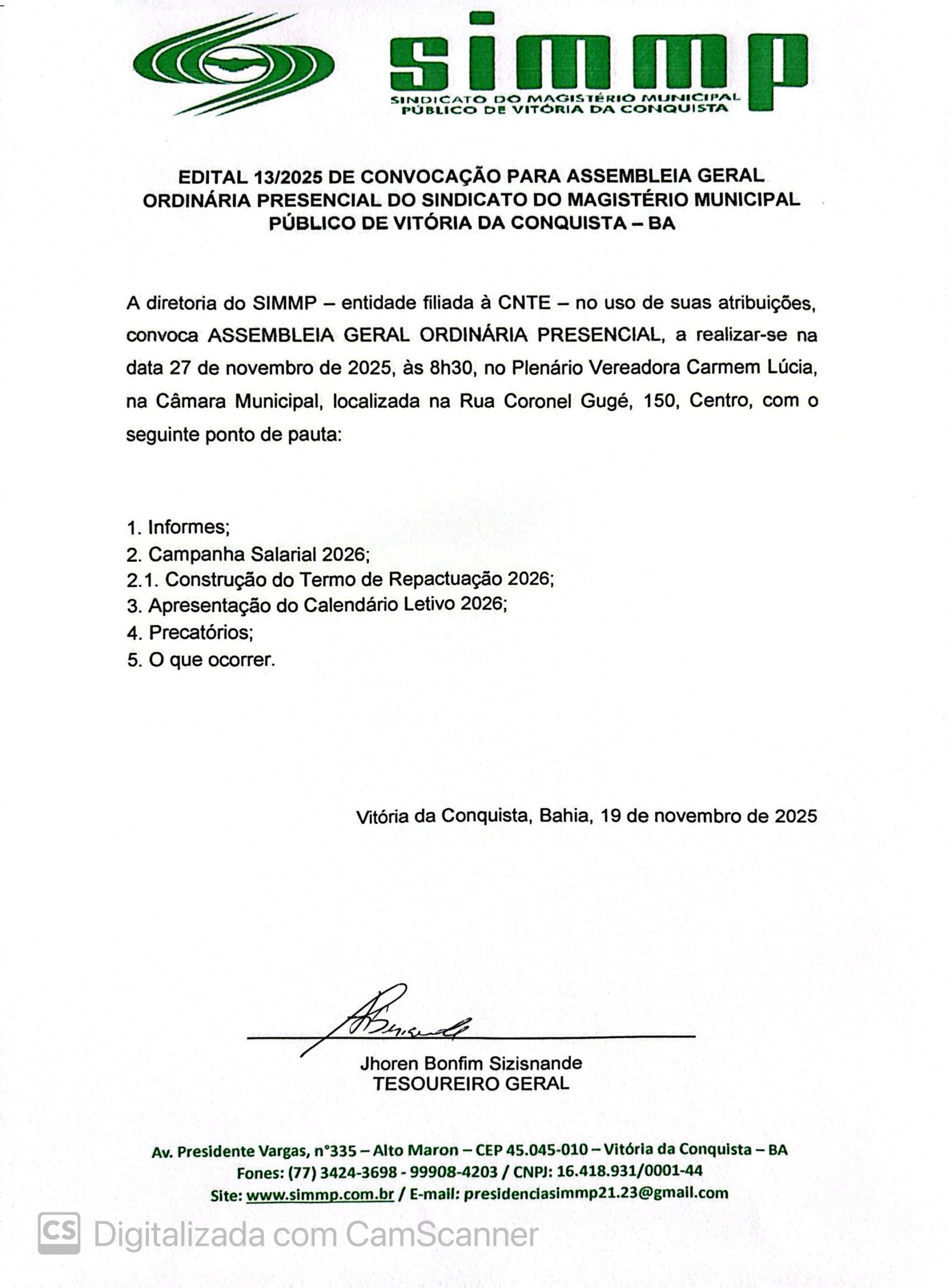 EDITAL 13/2025 DE CONVOCAÇÃO PARA ASSEMBLEIA GERAL ORDINÁRIA PRESENCIAL DO SINDICATO DO MAGISTÉRIO MUNICIPAL PÚBLICO DE VITÓRIA DA CONQUISTA – BA