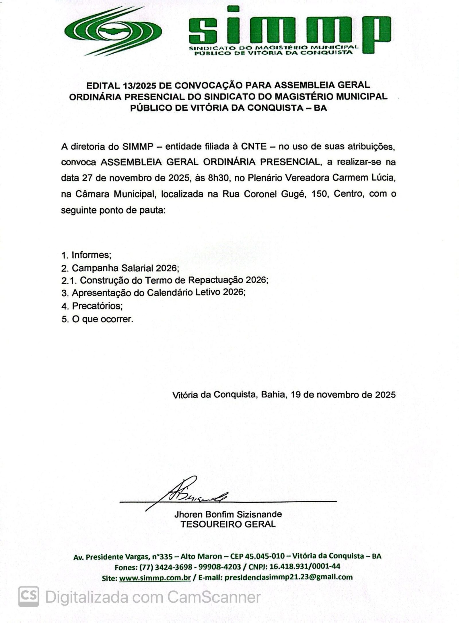 EDITAL 13/2025 DE CONVOCAÇÃO PARA ASSEMBLEIA GERAL ORDINÁRIA PRESENCIAL DO SINDICATO DO MAGISTÉRIO MUNICIPAL PÚBLICO DE VITÓRIA DA CONQUISTA – BA