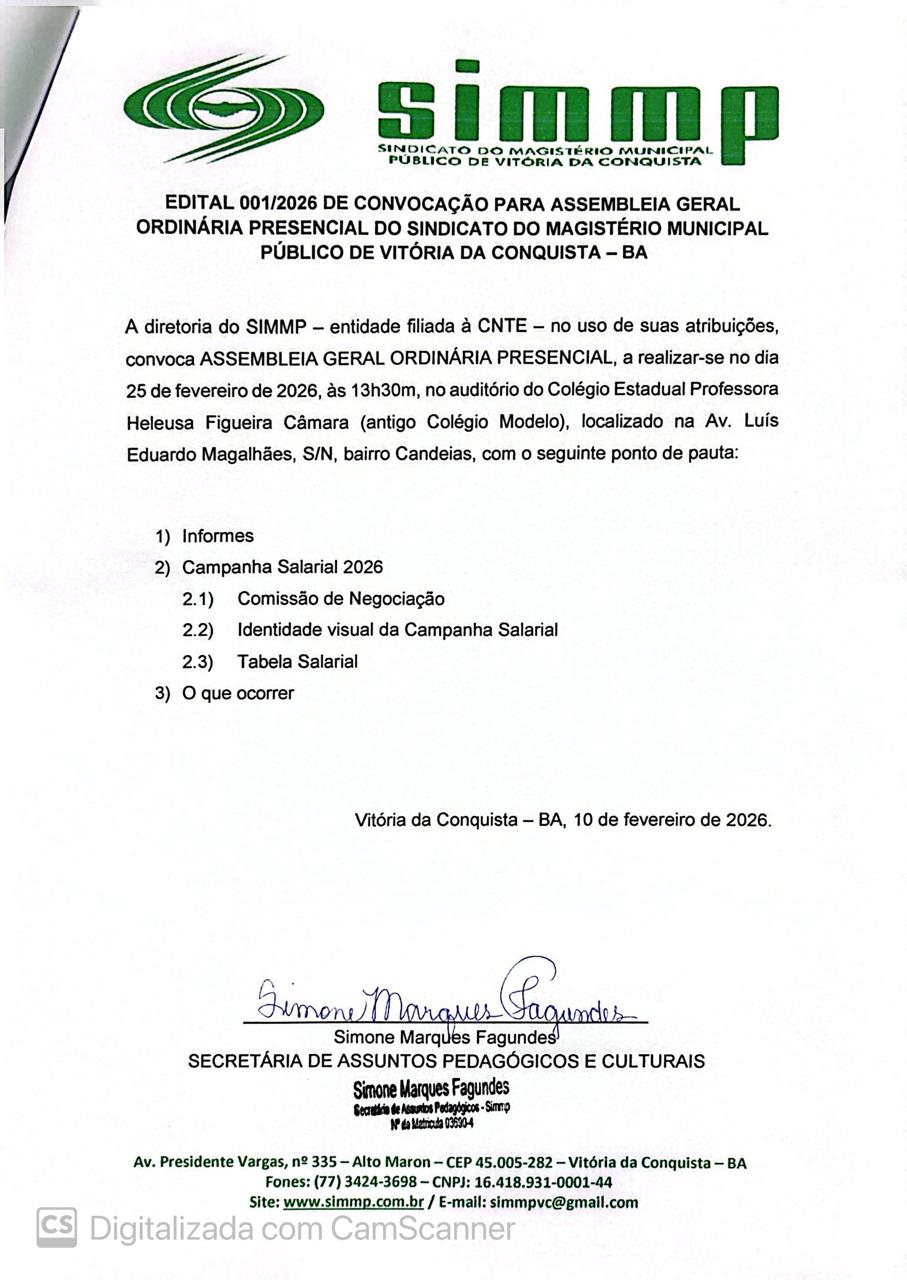 EDITAL 001/2026 DE CONVOCAÇÃO PARA ASSEMBLEIA GERAL ORDINÁRIA PRESENCIAL DO SINDICATO DO MAGISTÉRIO MUNICIPAL PÚBLICO DE VITÓRIA DA CONQUISTA – BA