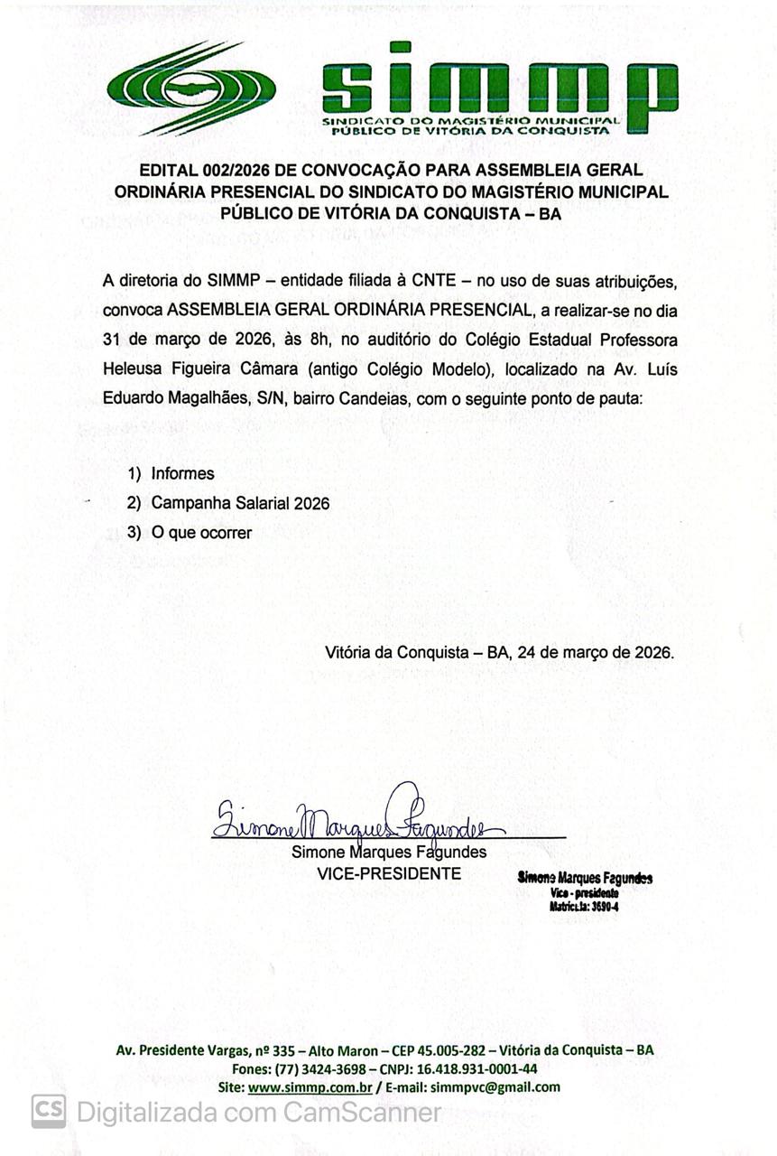 EDITAL 002/2026 DE CONVOCAÇÃO PARA ASSEMBLEIA GERAL ORDINÁRIA PRESENCIAL DO SINDICATO DO MAGISTÉRIO MUNICIPAL PÚBLICO DE VITÓRIA DA CONQUISTA – BA