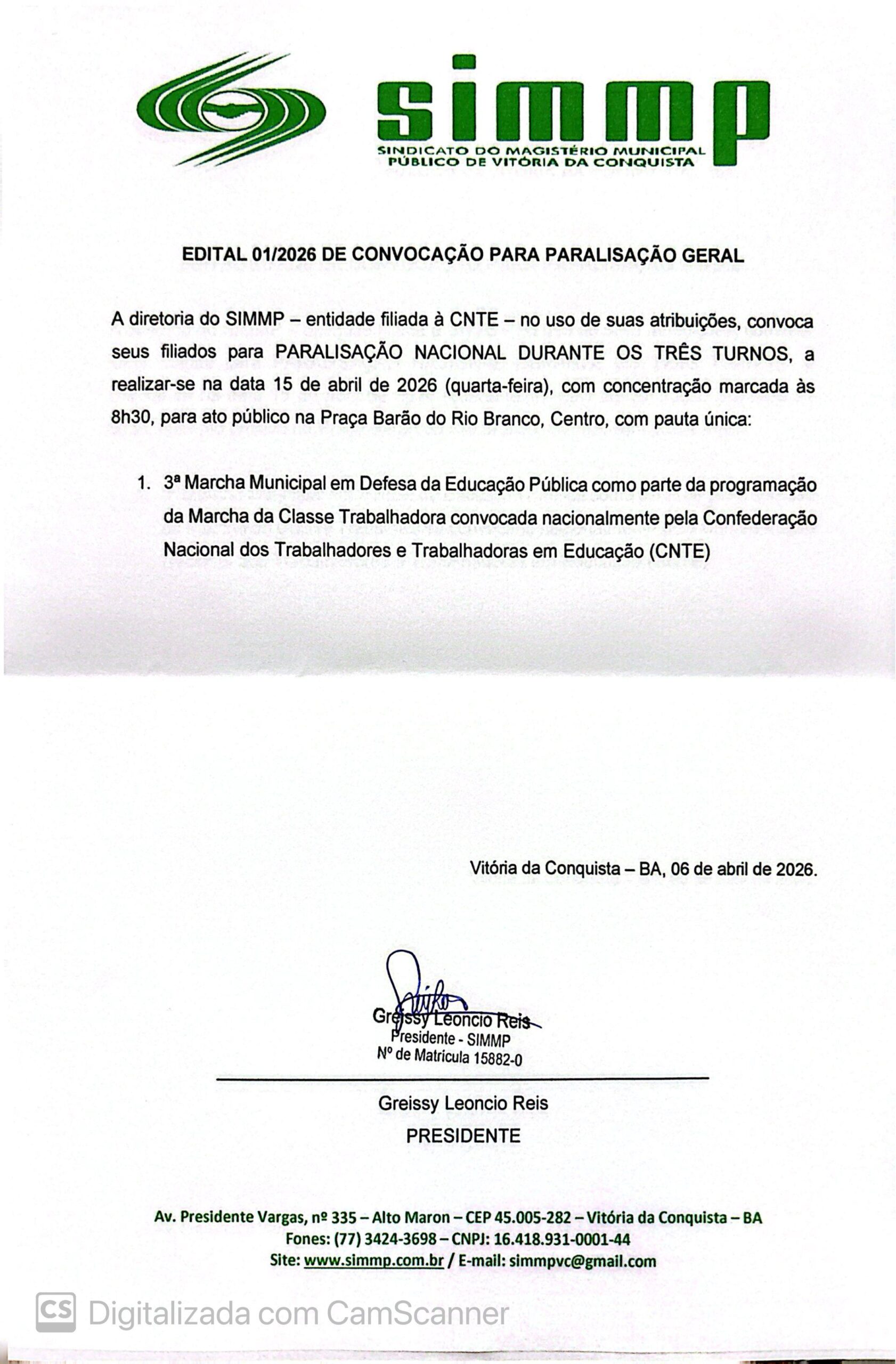 EDITAL 01/2026 DE CONVOCAÇÃO PARA PARALISAÇÃO NACIONAL