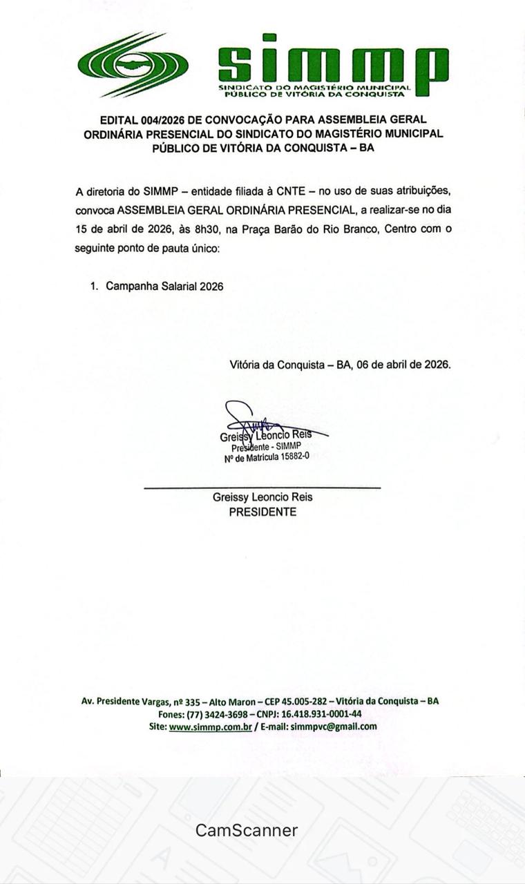 EDITAL 004/2026 DE CONVOCAÇÃO PARA ASSEMBLEIA GERAL ORDINÁRIA PRESENCIAL DO SINDICATO DO MAGISTÉRIO MUNICIPAL PÚBLICO DE VITÓRIA DA CONQUISTA – BA