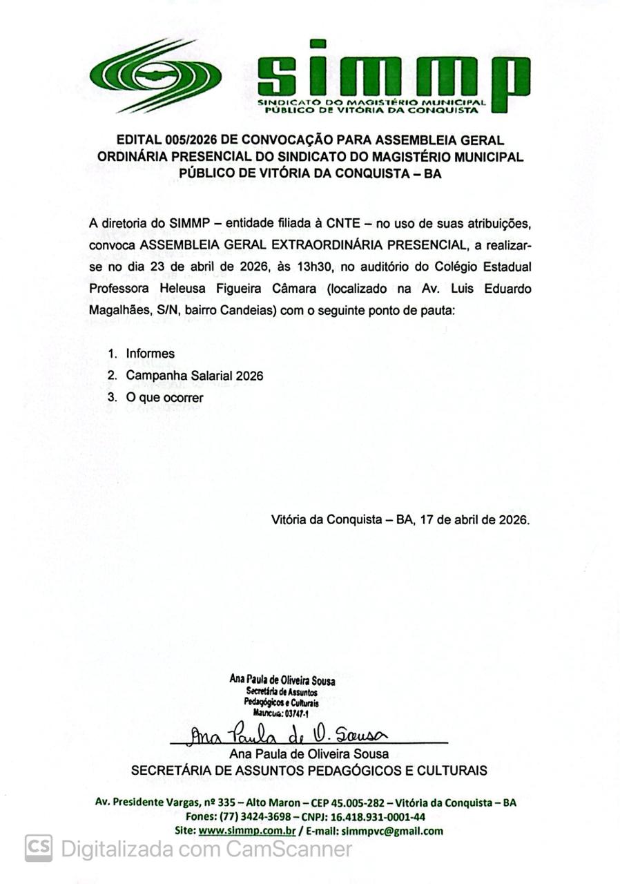 EDITAL 005/2026 DE CONVOCAÇÃO PARA ASSEMBLEIA GERAL ORDINÁRIA PRESENCIAL DO SINDICATO DO MAGISTÉRIO MUNICIPAL PÚBLICO DE VITÓRIA DA CONQUISTA – BA