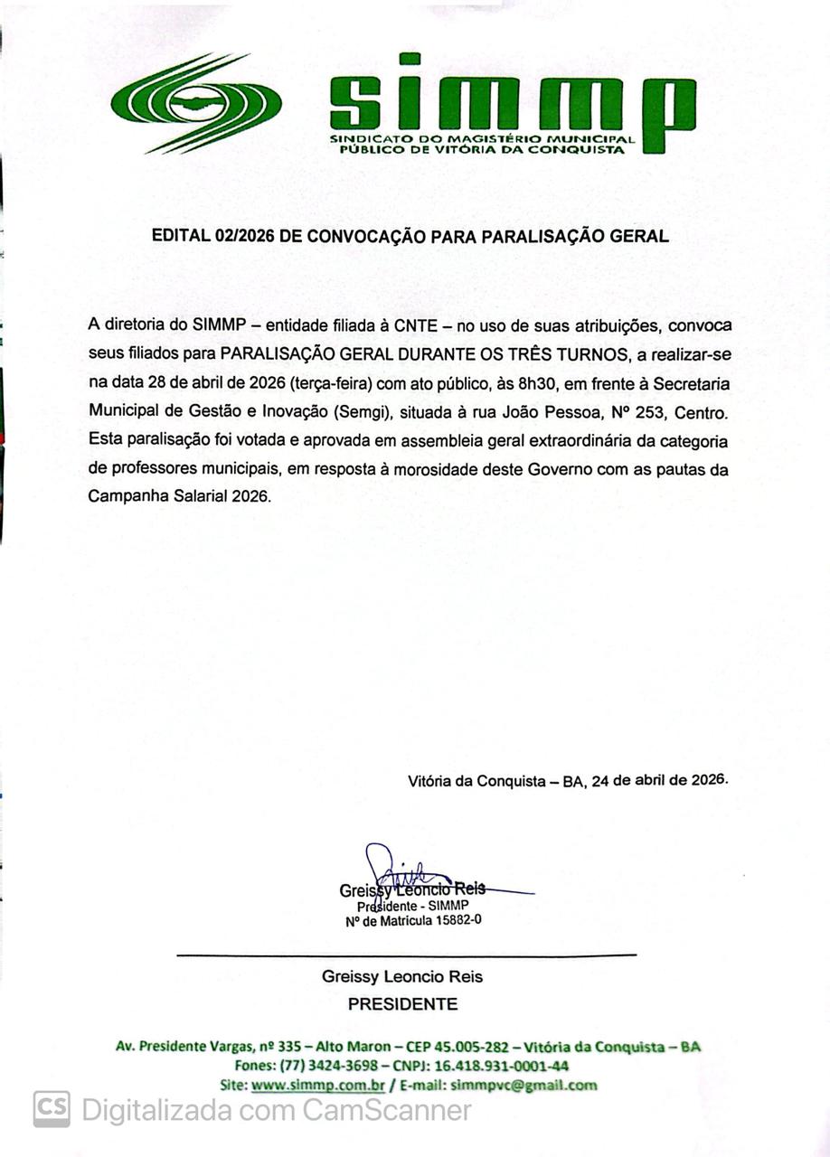 EDITAL 02/2026 DE CONVOCAÇÃO PARA PARALISAÇÃO GERAL
