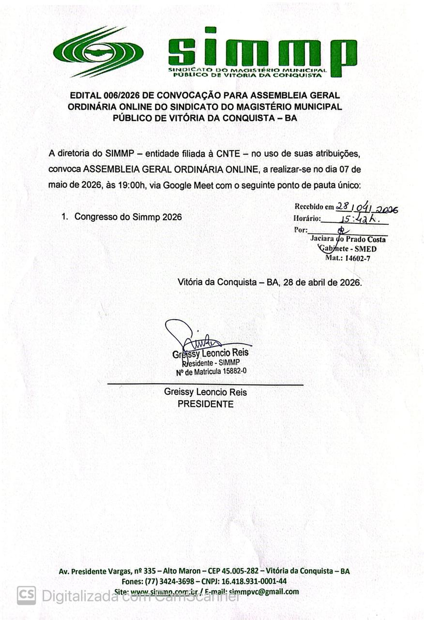 EDITAL 006/2026 DE CONVOCAÇÃO PARA ASSEMBLEIA GERAL ORDINÁRIA ONLINE DO SINDICATO DO MAGISTÉRIO MUNICIPAL PÚBLICO DE VITÓRIA DA CONQUISTA – BA