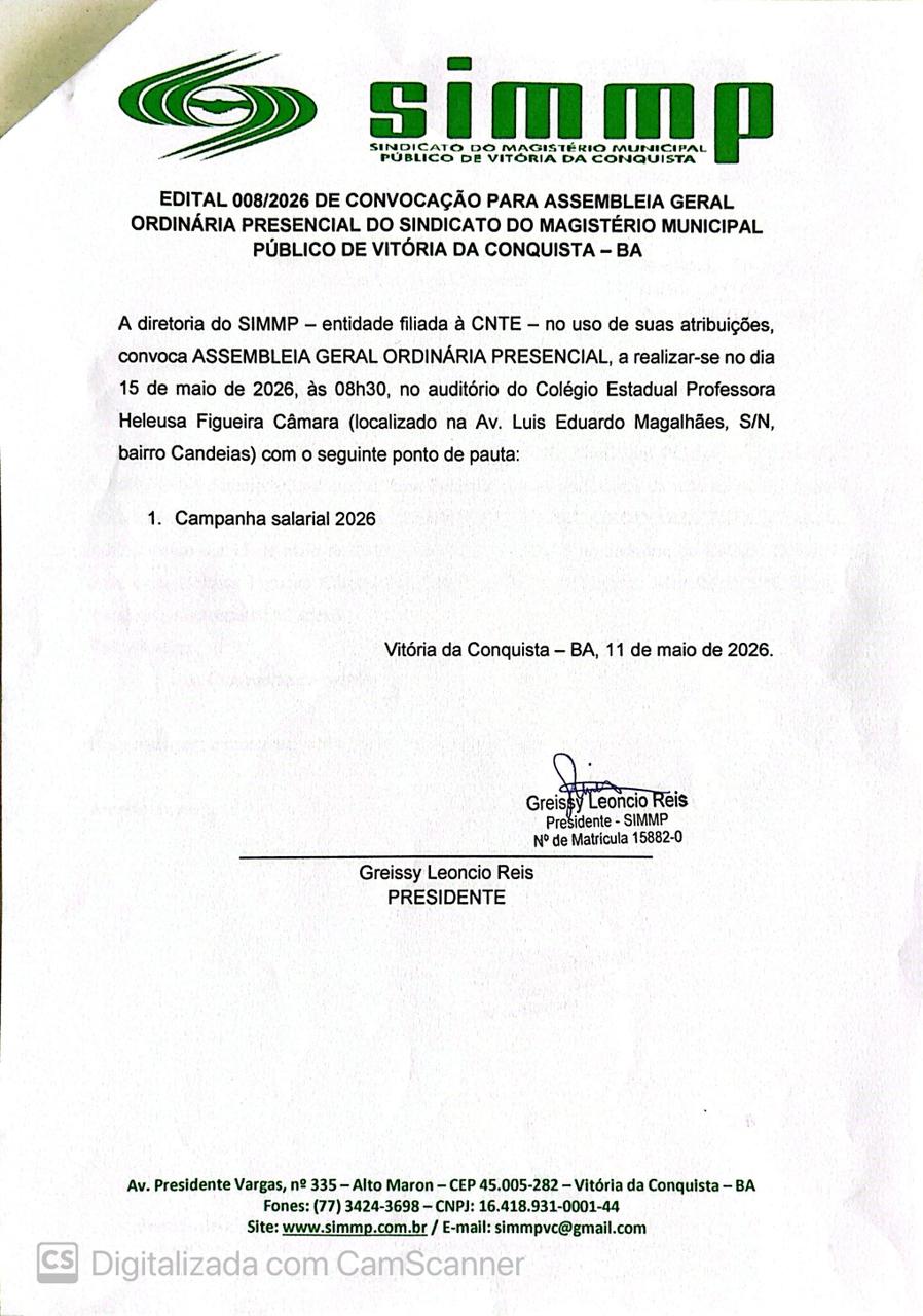 EDITAL 008/2026 DE CONVOCAÇÃO PARA ASSEMBLEIA GERAL ORDINÁRIA PRESENCIAL DO SINDICATO DO MAGISTÉRIO MUNICIPAL PÚBLICO DE VITÓRIA DA CONQUISTA – BA