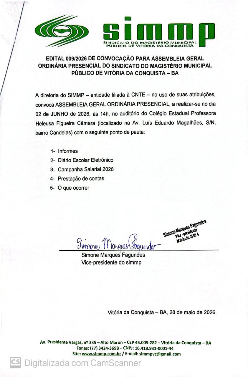 EDITAL 009/2026 DE CONVOCAÇÃO PARA ASSEMBLEIA GERAL ORDINÁRIA PRESENCIAL DO SINDICATO DO MAGISTÉRIO MUNICIPAL PÚBLICO DE VITÓRIA DA CONQUISTA – BA