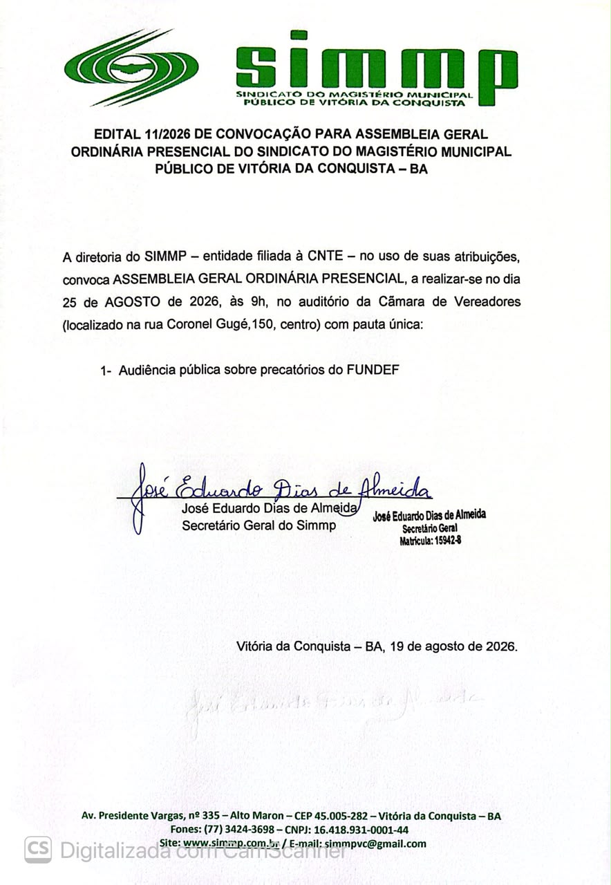 EDITAL 11/2026 DE CONVOCAÇÃO PARA ASSEMBLEIA GERAL ORDINÁRIA PRESENCIAL DO SINDICATO DO MAGISTÉRIO MUNICIPAL PÚBLICO DE VITÓRIA DA CONQUISTA – BA