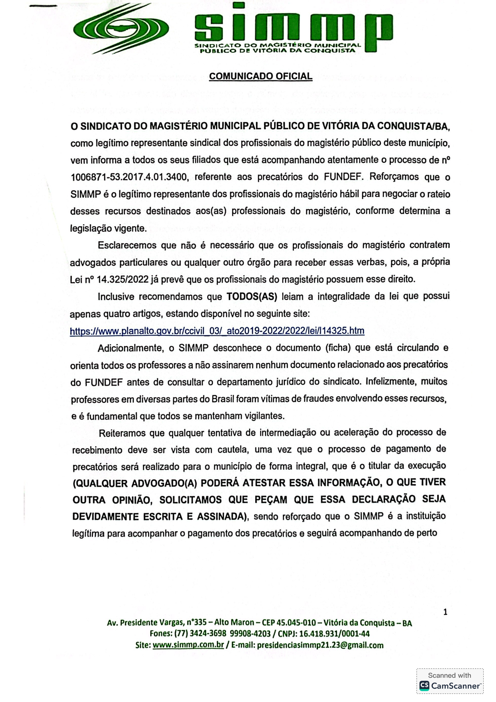 Comunicado oficial sobre os Precatórios do Fundef