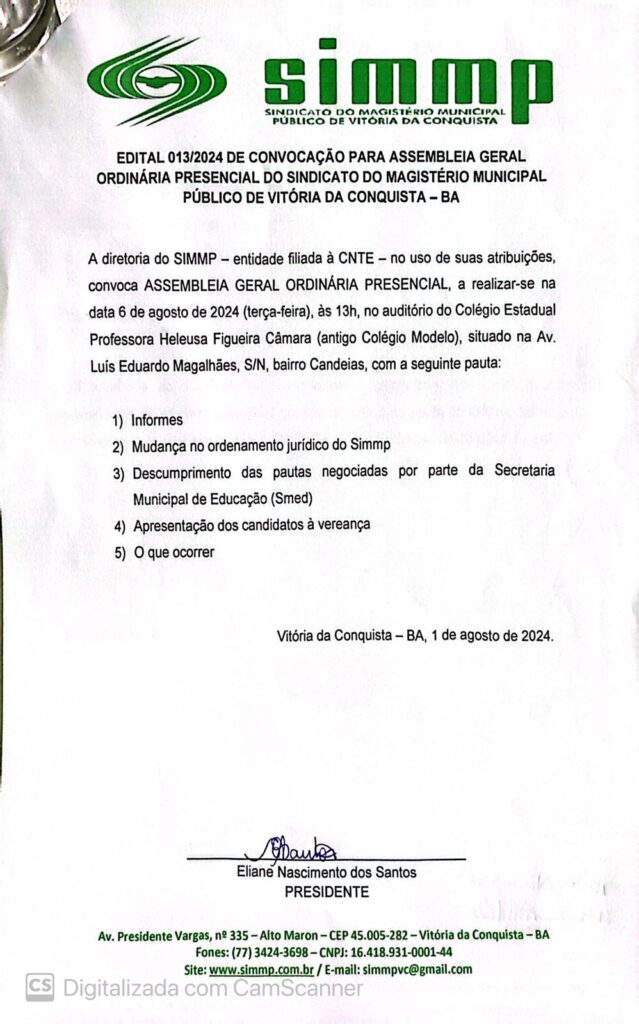 EDITAL 013/2024 DE CONVOCAÇÃO PARA ASSEMBLEIA GERAL ORDINÁRIA PRESENCIAL DO SINDICATO DO MAGISTÉRIO MUNICIPAL PÚBLICO DE VITÓRIA DA CONQUISTA – BA