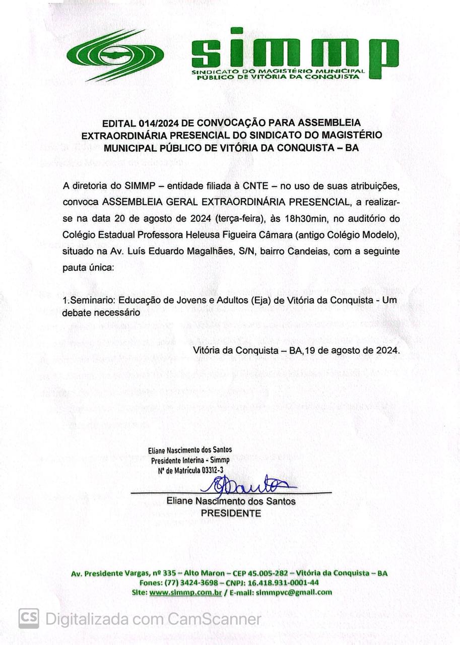 EDITAL 014/2024 DE CONVOCAÇÃO PARA ASSEMBLEIA GERAL EXTRAORDINÁRIA PRESENCIAL DO SINDICATO DO MAGISTÉRIO MUNICIPAL PÚBLICO DE VITÓRIA DA CONQUISTA – BA