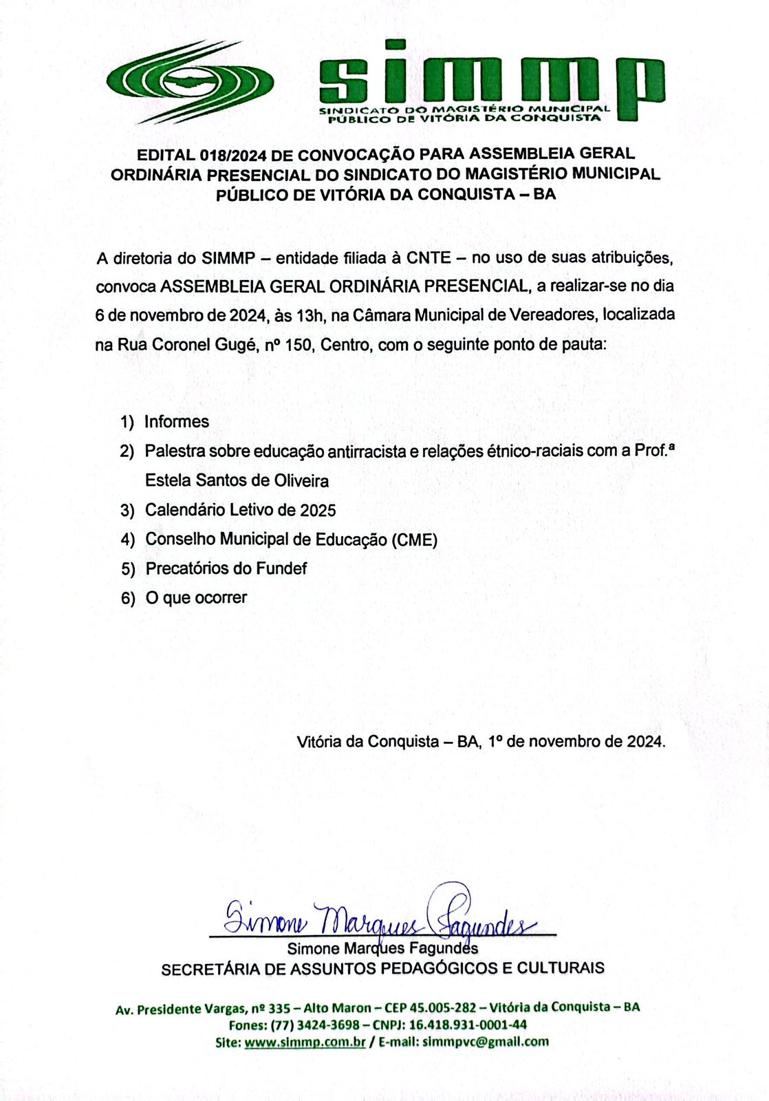 EDITAL 018/2024 DE CONVOCAÇÃO PARA ASSEMBLEIA GERAL ORDINÁRIA PRESENCIAL DO SINDICATO DO MAGISTÉRIO MUNICIPAL PÚBLICO DE VITÓRIA DA CONQUISTA – BA