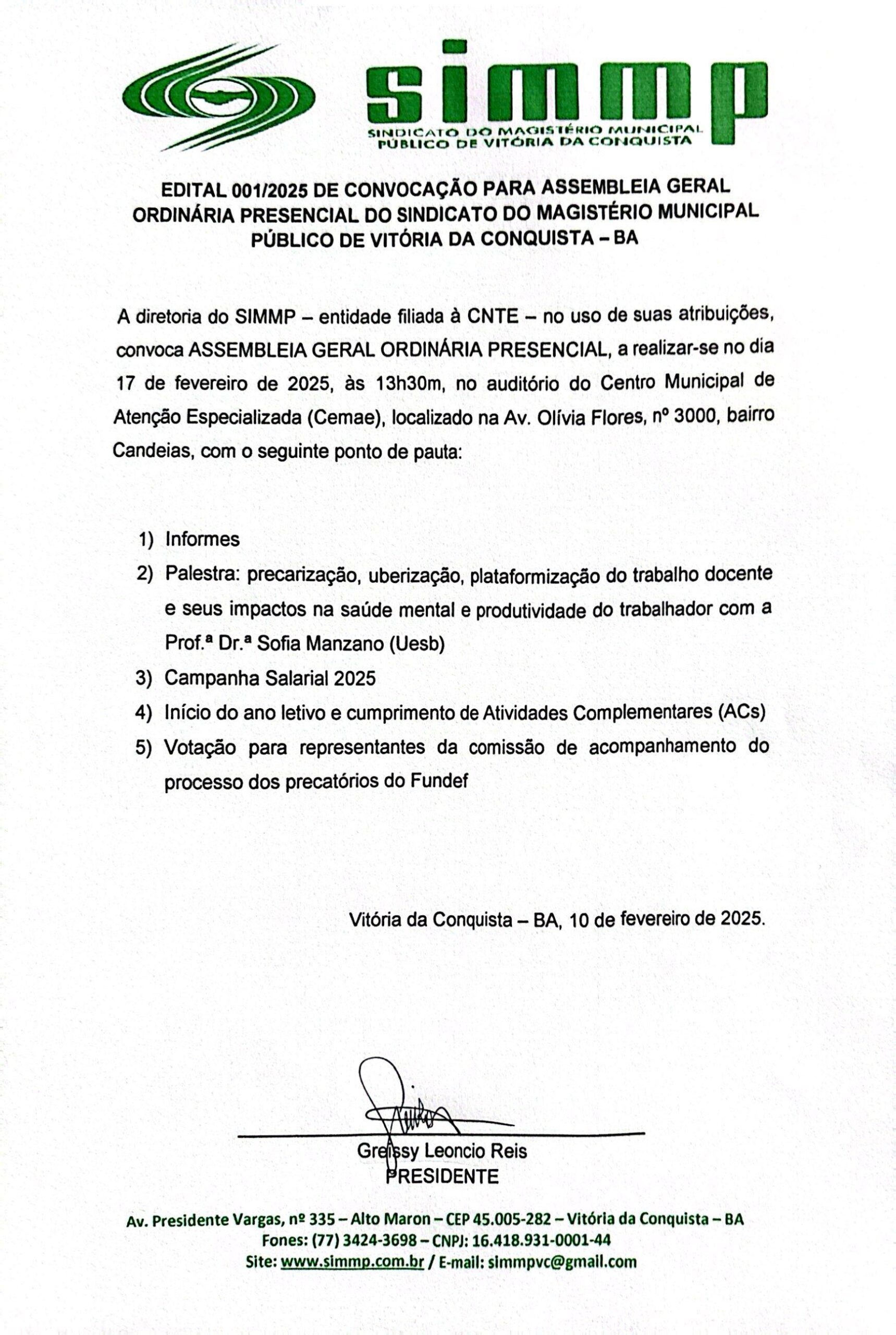 EDITAL 001/2025 DE CONVOCAÇÃO PARA ASSEMBLEIA GERAL ORDINÁRIA PRESENCIAL DO SINDICATO DO MAGISTÉRIO MUNICIPAL PÚBLICO DE VITÓRIA DA CONQUISTA – BA