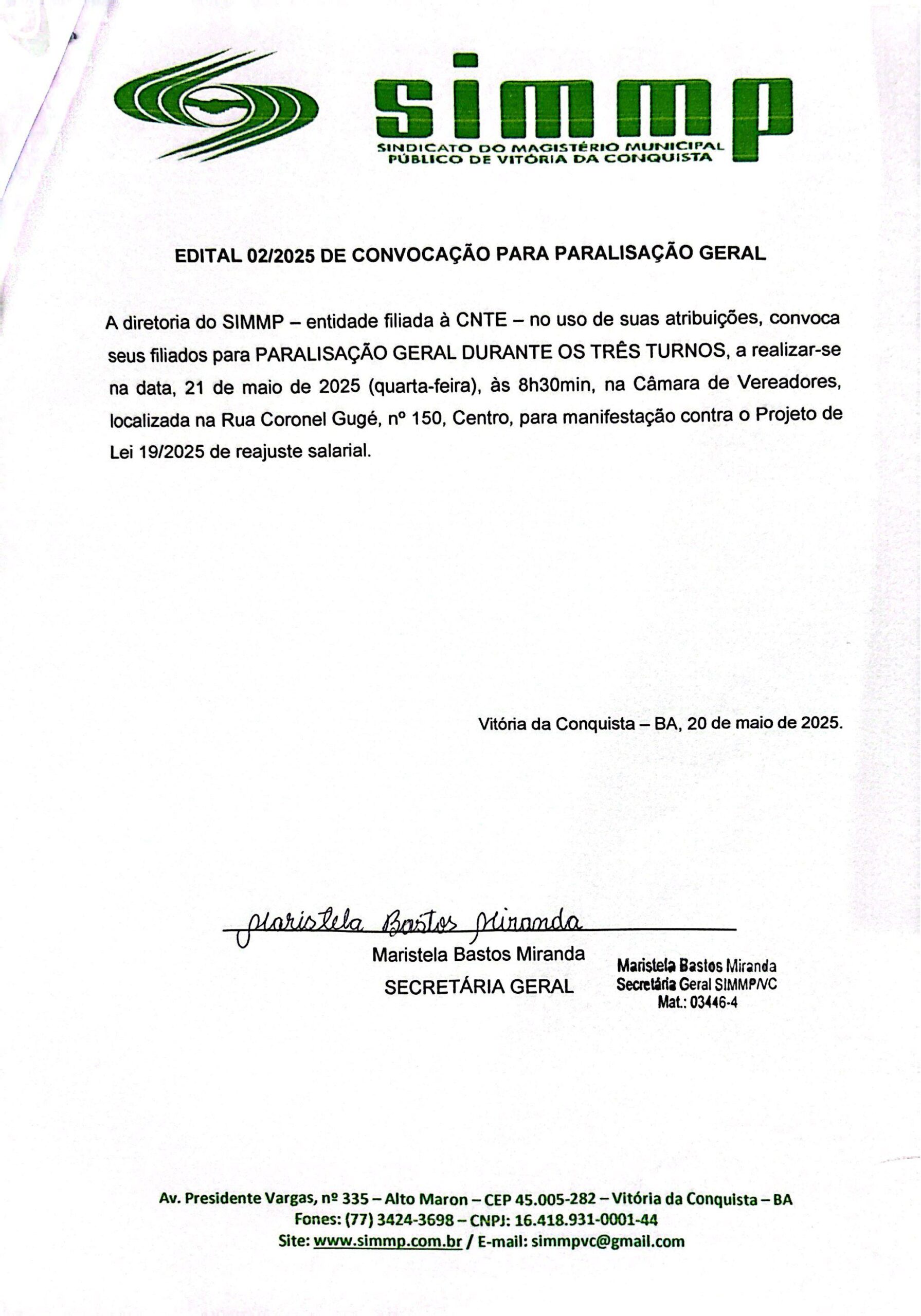 EDITAL 02/2025 DE CONVOCAÇÃO PARA PARALISAÇÃO GERAL
