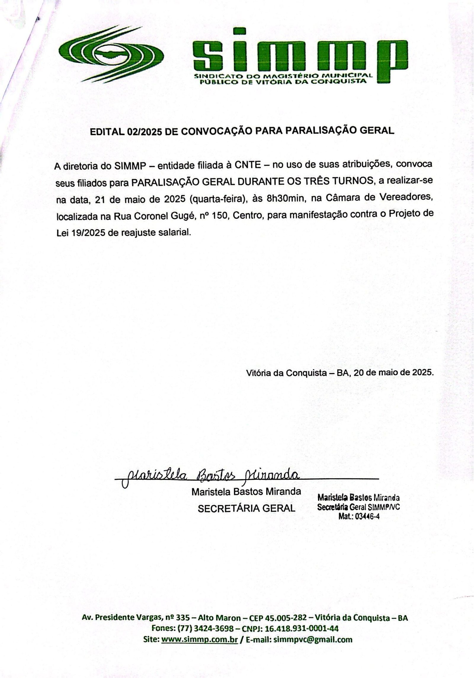 EDITAL 02/2025 DE CONVOCAÇÃO PARA PARALISAÇÃO GERAL