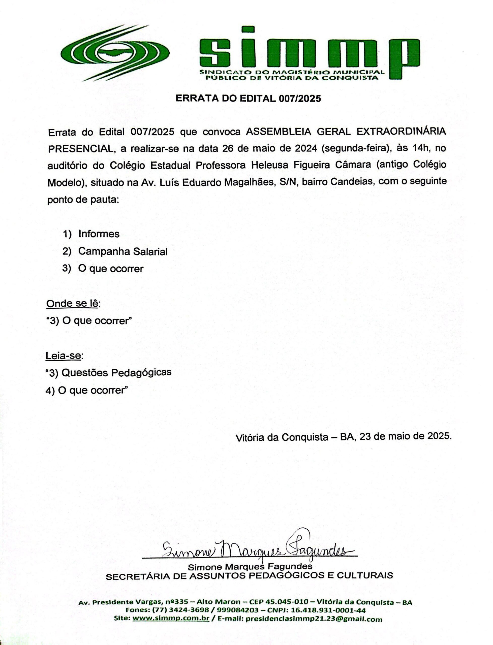 ERRATA DO EDITAL 007/2025