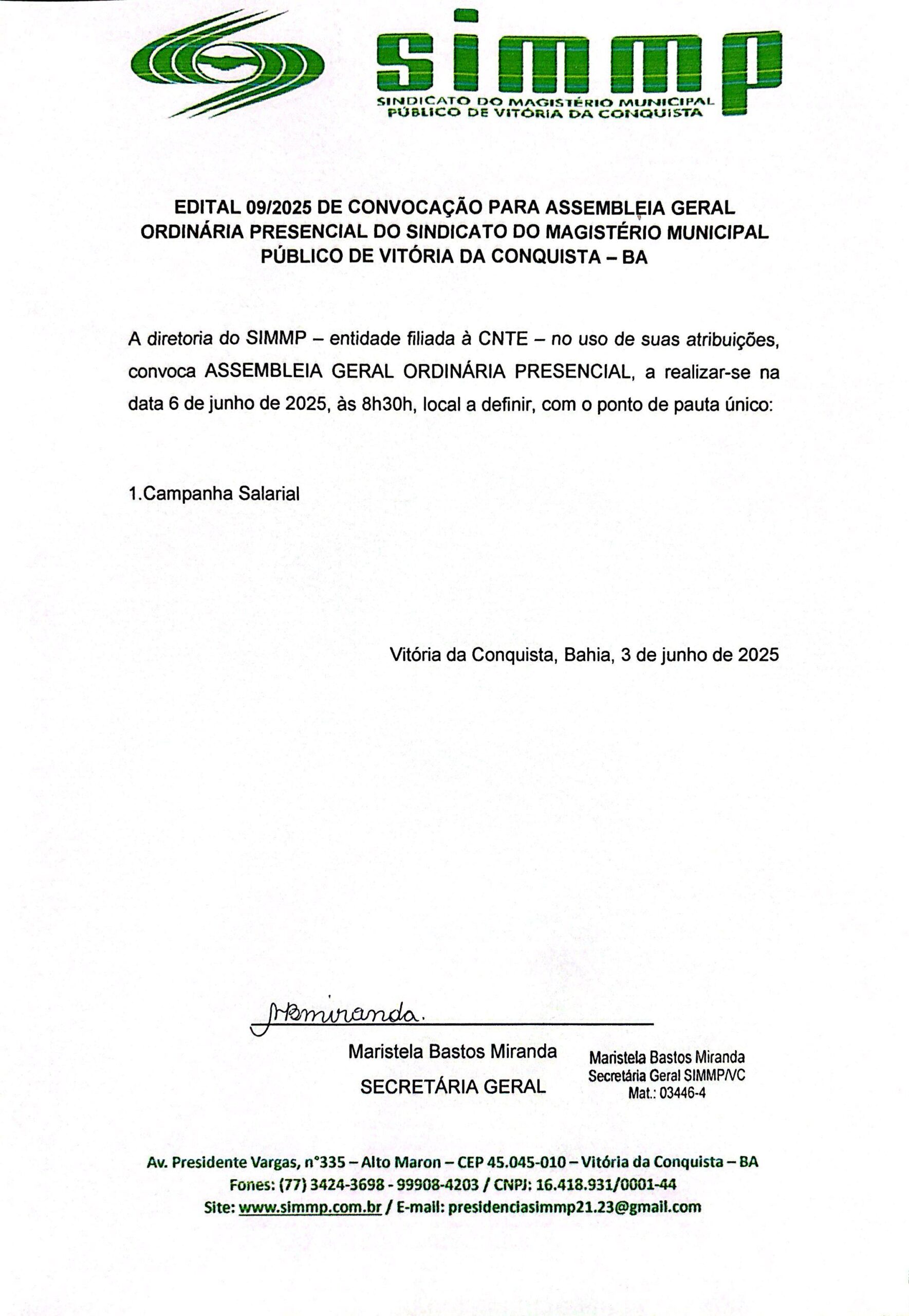 EDITAL 09/2025 DE CONVOCAÇÃO PARA ASSEMBLEIA GERAL ORDINÁRIA PRESENCIAL DO SINDICATO DO MAGISTÉRIO MUNICIPAL PÚBLICO DE VITÓRIA DA CONQUISTA – BA