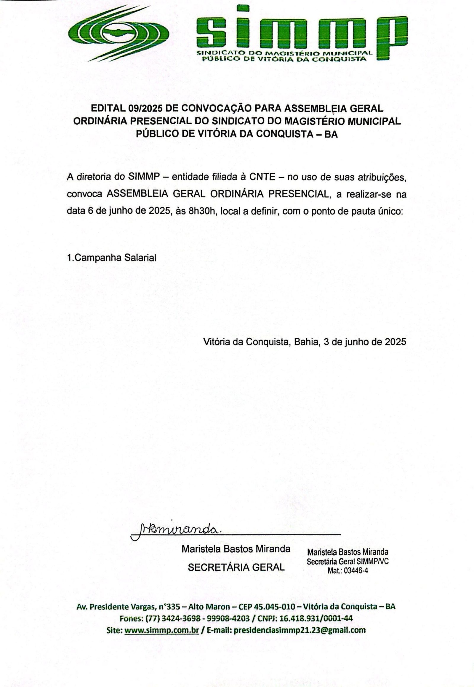 EDITAL 09/2025 DE CONVOCAÇÃO PARA ASSEMBLEIA GERAL ORDINÁRIA PRESENCIAL DO SINDICATO DO MAGISTÉRIO MUNICIPAL PÚBLICO DE VITÓRIA DA CONQUISTA – BA