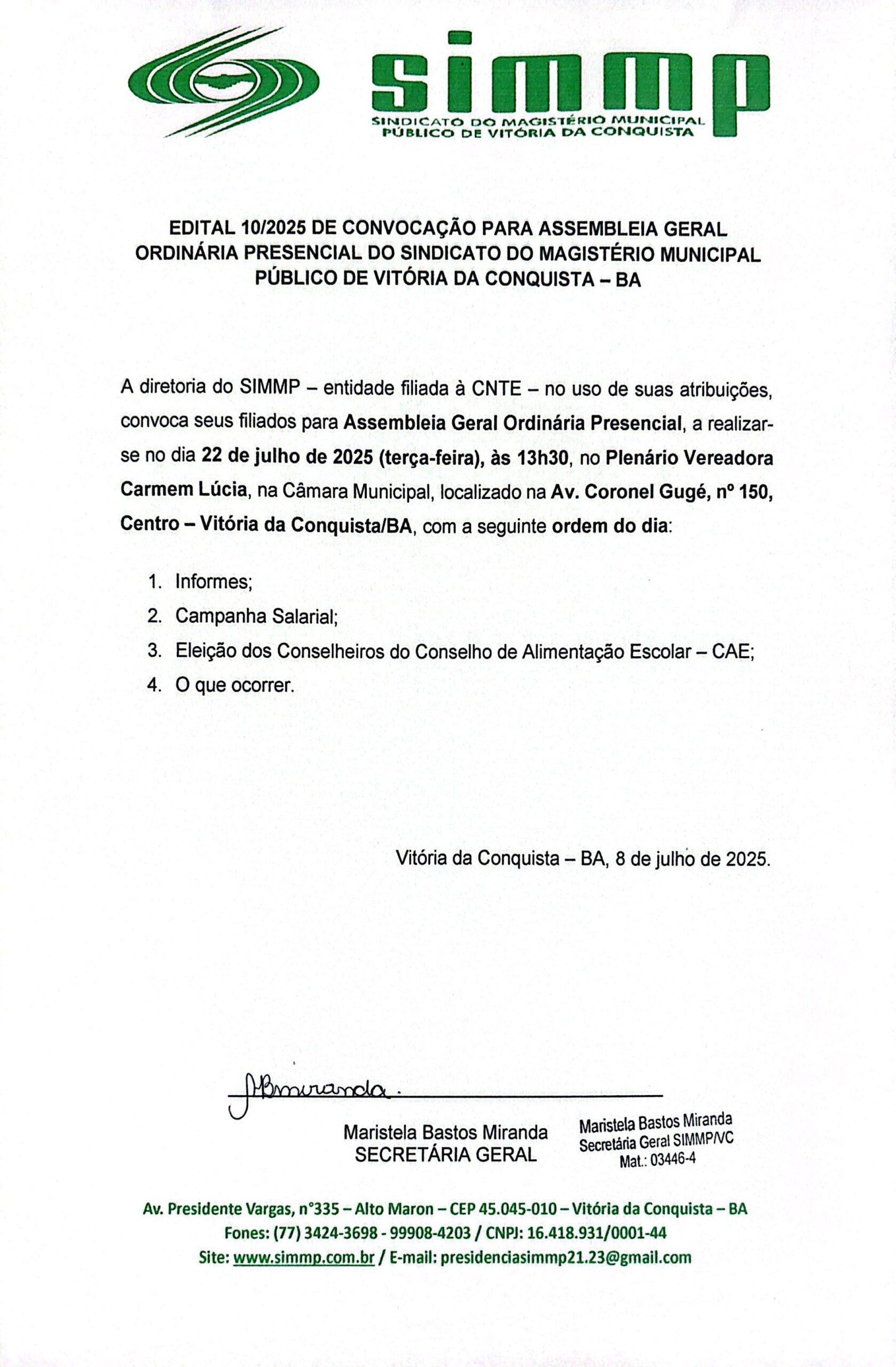 EDITAL Nº 10/2025 DE CONVOCAÇÃO PARA ASSEMBLEIA GERAL ORDINÁRIA PRESENCIAL SINDICATO DO MAGISTÉRIO MUNICIPAL PÚBLICO DE VITÓRIA DA CONQUISTA – BA